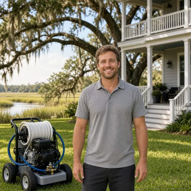 A friendly exterior-cleaning pro standing beside soft-wash equipment in front of a Lowcountry home
