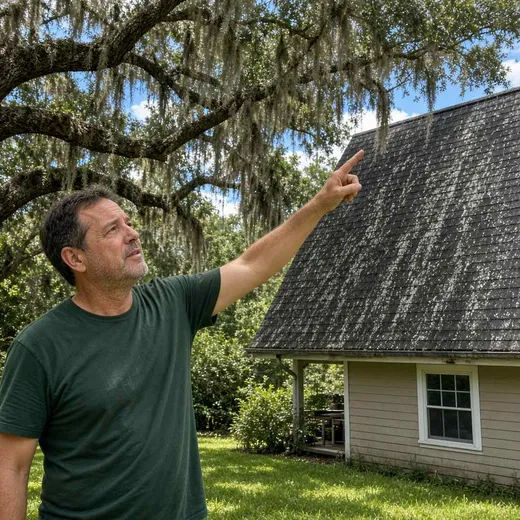 Pointing up at a heavily black-streaked shaded shingle roof under oak canopy at a coastal South Carolina home