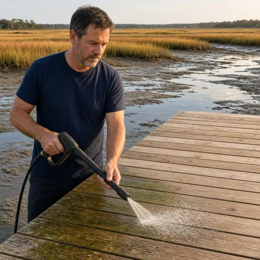 Cleaning a wooden dock over a tidal marsh at low tide, green growth rinsing off the boards into marsh grass and water
