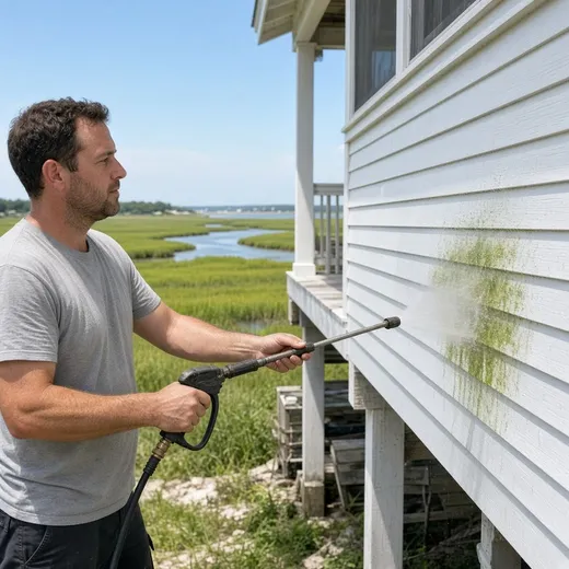 Soft-washing a coastal home with marsh and salt air visible behind as mildew lifts from the siding