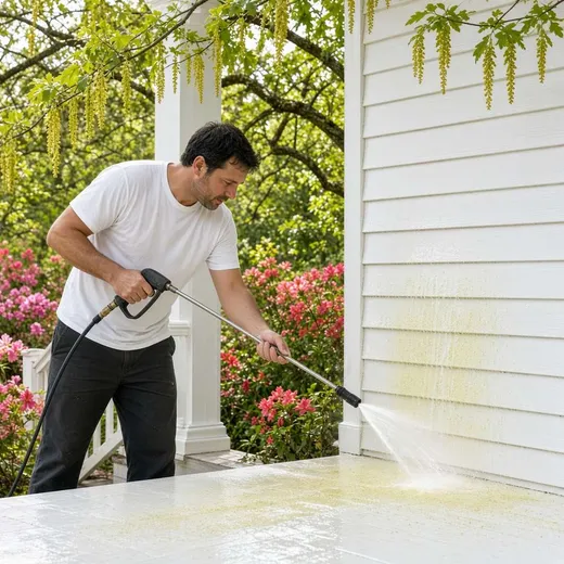 Soft-washing yellow pollen film off a porch and siding in spring, pollen-dusted surfaces beside clean ones