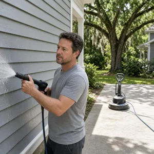 A low-pressure soft-wash wand on siding beside a high-pressure surface cleaner on concrete at a Lowcountry home