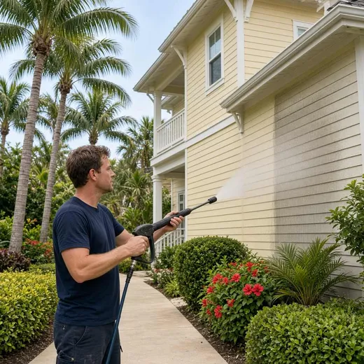 Soft-washing the exterior of a Hilton Head vacation-rental villa with clean siding contrast