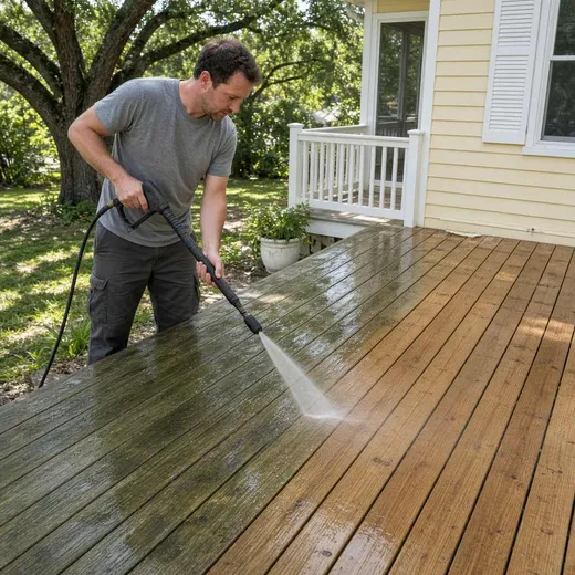 Washing a backyard wood deck with green growth rinsing off under oak shade