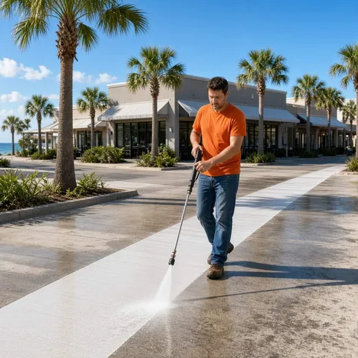Pressure-washing a storefront sidewalk at a Hilton Head commercial plaza with a clean path trailing behind