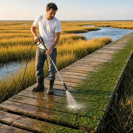 Low-pressure washing a weathered wooden dock over a tidal salt marsh with algae lifting off the boards