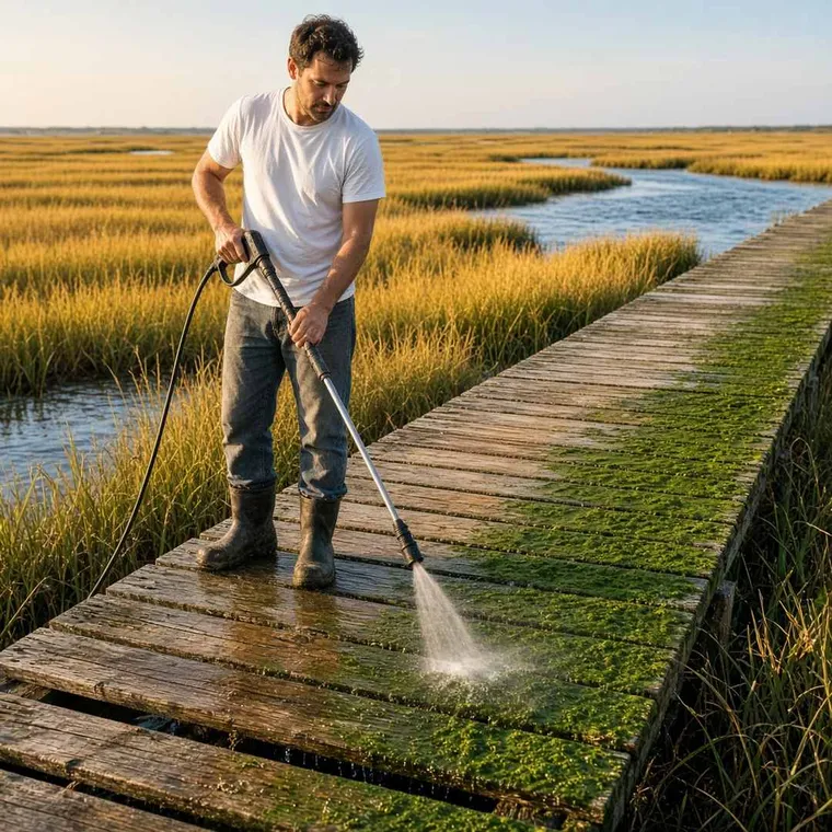 Low-pressure washing a weathered wooden dock over a tidal salt marsh with algae lifting off the boards