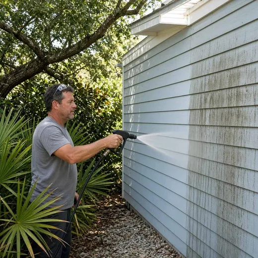 Soft-washing painted Hardie siding on a Hilton Head coastal home, mildew film lifting away