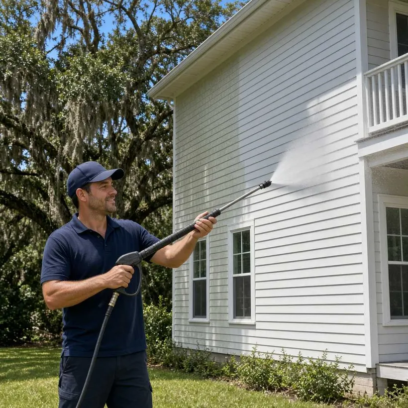 Soft-washing the vinyl siding of a two-story Lowcountry home, clean half visibly lighter than the dirty half