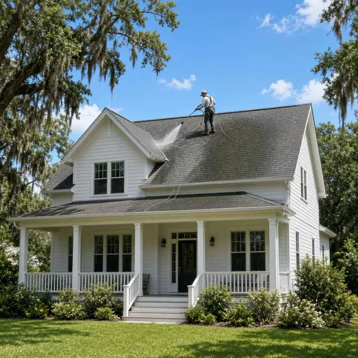 Soft-washing a shaded shingle roof with heavy black streaking, half the roof plane already clean