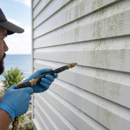 Technician adjusting a soft-wash nozzle against a mildew-stained vinyl wall as water sheets clean